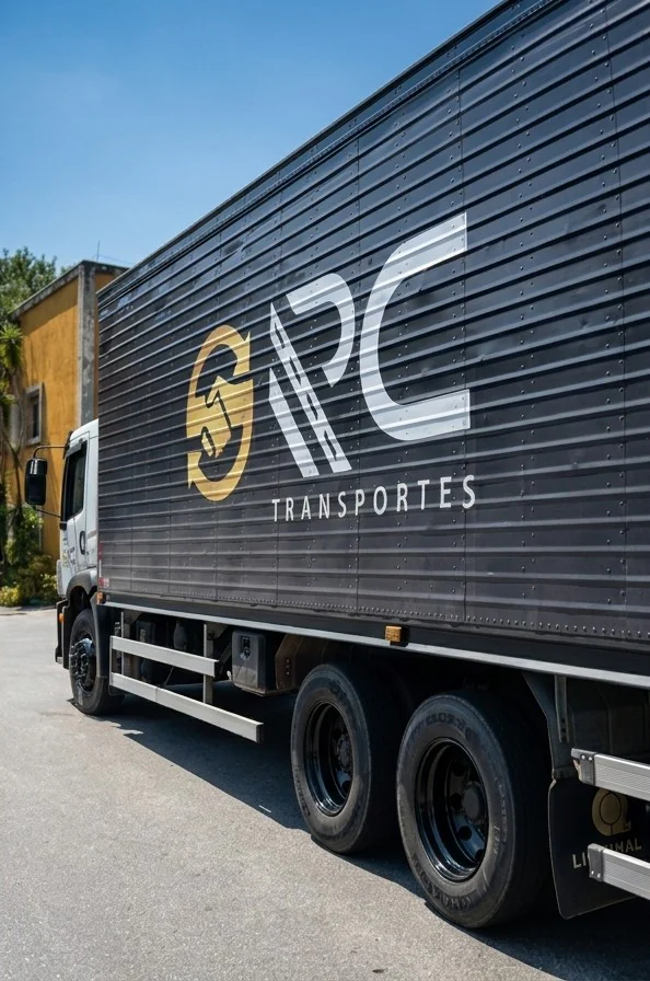 Baú de caminhão da RC Transportes com o logotipo da empresa